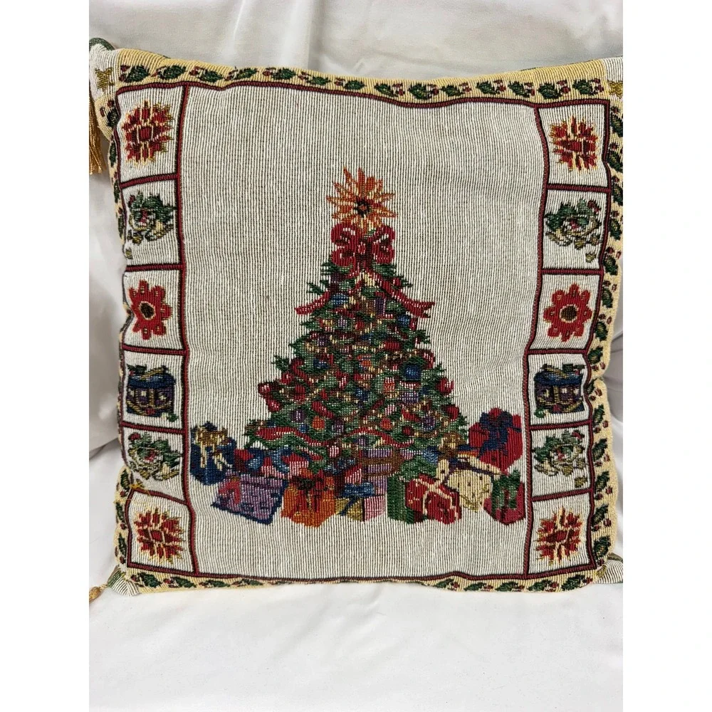 Vintage Style Woven Tapestry Christmas Tree Throw Pillow with Gold Tassels